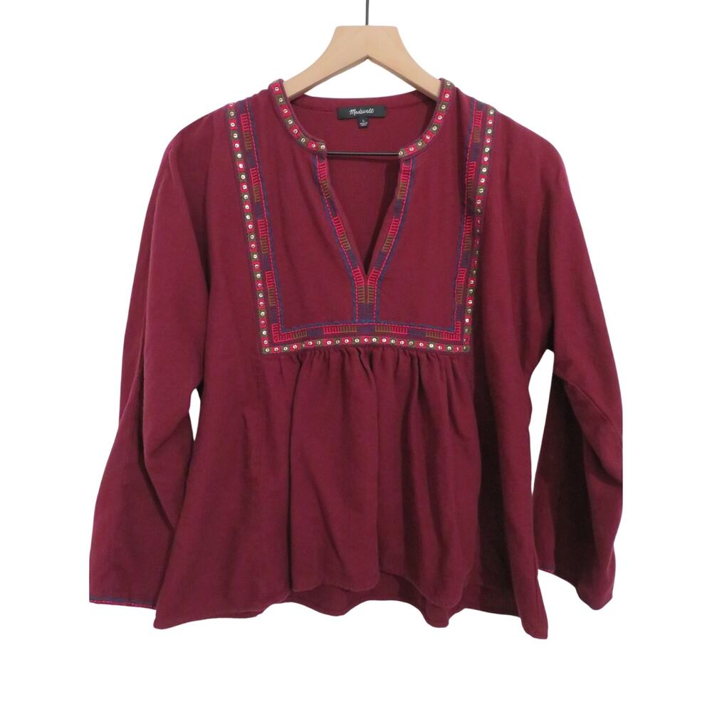 Madewell Women Sz L Boheme Burgundy Embroidered Wool Blend Peasant Popover Top